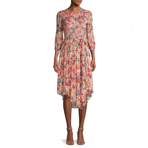 Shoshanna Blossom Pink Beatriz Meadow Dress Tie Waist Midi Length NWT Size 6 - Picture 1 of 12